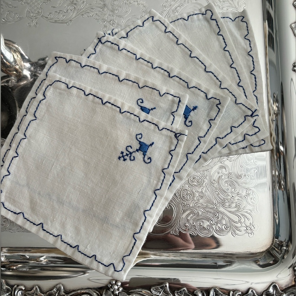 Linen Blue and White Cocktail Napkins Set 6 - Picture 2 of 2